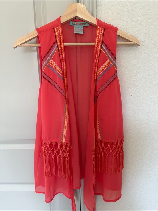 Flying Tomato Other - Flying Tomato Boho Coral Open Front sheer Vest Fringe Embroidered Geo Trim